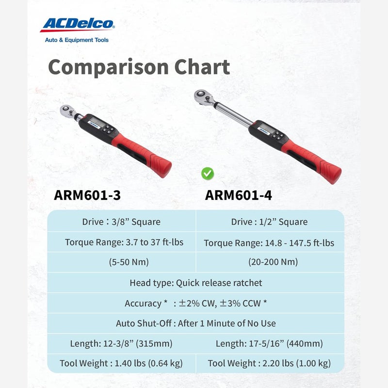 ACDelco Tools ACDelco ARM601-4 1/2” (14.8 to 147.5 ft-lbs.) Heavy Duty Digital Torque Wrench with Buzzer and LED Flash Notification – ISO 6789 Standards with Certificate of Calibration - Image 4
